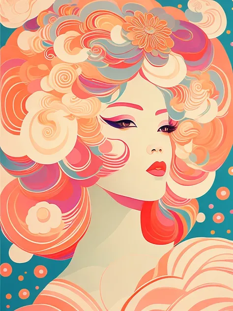 feminine art, Abstract Painting,  70s Disco Art ,  Groovy Art ,  Trippy Posters  , Hallucinatory, Hypnotic Patterns , Abstract, Euphoric,  Fluid Shapes ,  jewelry, flower.  flat illustration . dance女性の体の形をしたネガティブスペース. Goddess of Japanese Mythology, profile...