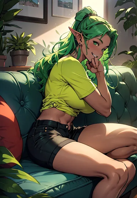 high definition adult anime-style book cover illustration of a green-haired woman, bela, athletic, perfeita, Very short and thin , Innocent and exuberant and opulent well endowed Elf girl with a very beautiful body,  with very dark and tanned skin , with h...