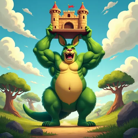 A huge green muscular kangaroo furry jock holds a fortress in his hands above his head against the backdrop of a cartoon-style savvana