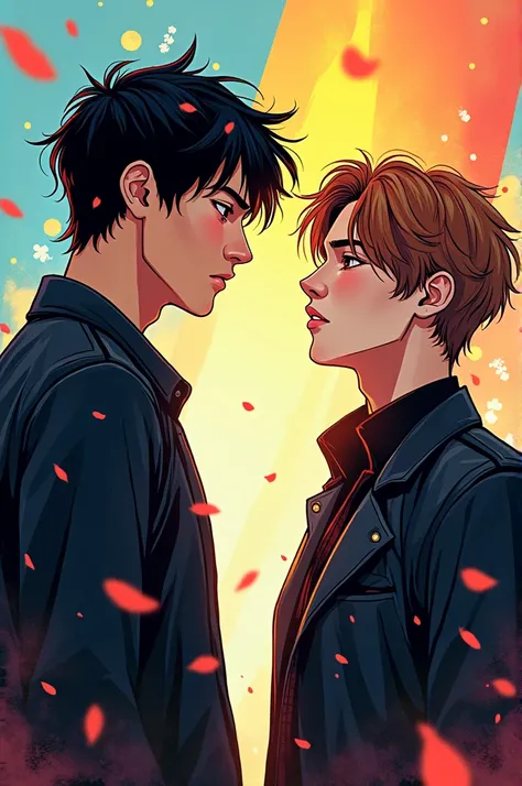  Create an image of two male kpop idols in a Manhwa format, where one has dark hair and a convinced appearance ,  and the other has brown hair and a friendly appearance 