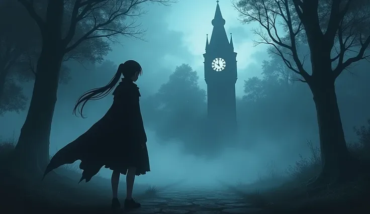 Anime scene of a silhouette of a girl wearing a cloak and standing in front of a clock in the distance, A dreamy gothic anime,  in the style of Cytus and Deemo , videoScreenshots of the game,  animation screenshot,  animated stills , video Screenshots of t...