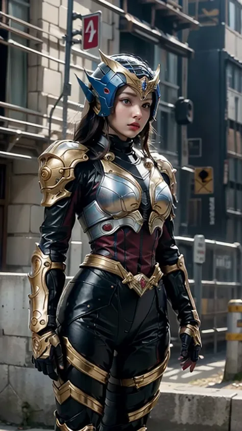 ファンタジースタイルの全身鎧を身にまとったwoman,  The crown concept of a fully closed helmet that only allows the eyes to see , Composite Layered Chest Plate, Full shoulder and hand guards, Lightweight waist armor,  perfect fit shin pads ,  The overall design is sturdy yet fle...