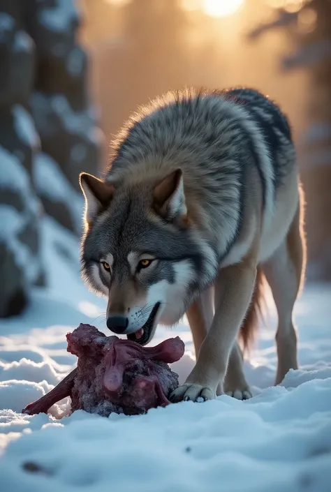 Wildlife photography taken with a Nikon Z 6II camera with a Nikon NIKKOR Z 400mm f/2.8 TC VR S lens, rare shot of a Northwestern wolf is Eating the carcass of a rabbit he hunted in the rocky cliff in the snowy tundra forest as the sun begins to set, ((full...