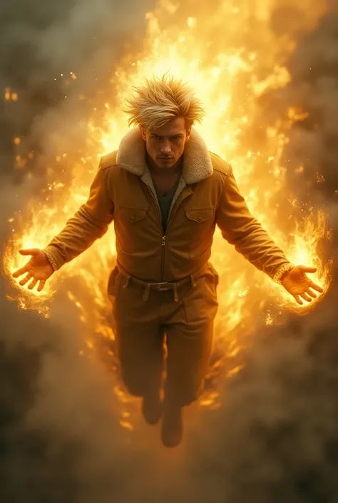 A man with messy blond hair, with average physical height with 1,72m high. With eyes like an eagle. Floating. Wearing an aviator suit ,powerful yellow aura shiny from hand and head, dimension twisted around him