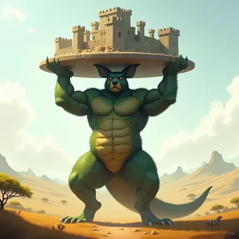 A huge green muscular kangaroo furry jock holds a fortress in his hands above his head against the background of savvana