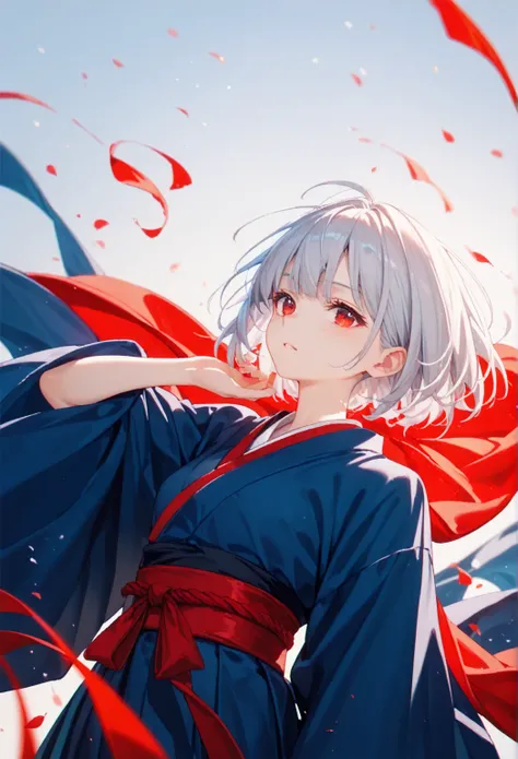 1girl, Alone,silver hair,bright red eyes, bob cut,red and blue kimono,