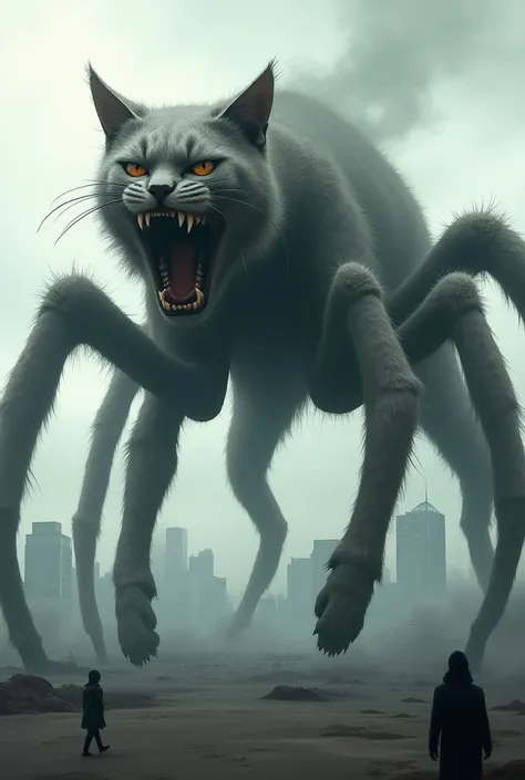 "A giant grey cat with spider legs towering over a city, roaring fiercely. The cat has a menacing expression with wide eyes and bared teeth. The city is in the background, with buildings and skyscrapers visible."