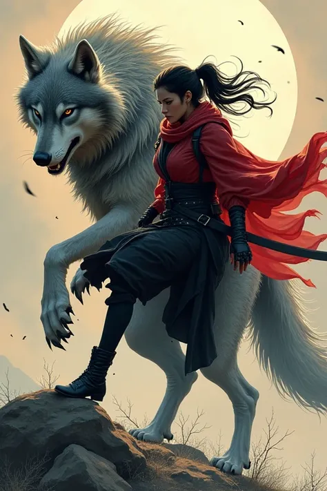  fantasy graphic novel, A giant Japanese wolf and a female ninja ,  dynamic angle that raises one leg terribly,   full body shot , Black leather boots