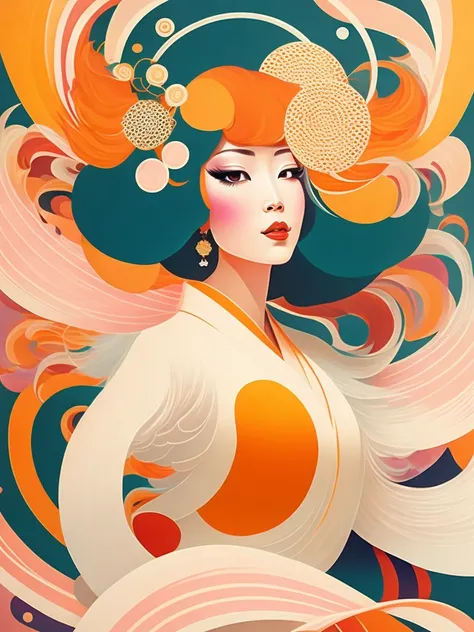 feminine art, Abstract Painting,  70s Disco Art ,  Groovy Art ,  Trippy Posters  , Hallucinatory, Hypnotic Patterns , Abstract, Euphoric,  Fluid Shapes ,  jewelry, flower.  flat illustration . dance女性の体の形をしたネガティブスペース. Goddess of Japanese Mythology, profile...