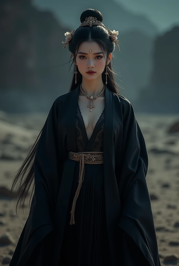 Girl in ancient Chinese dress, Hanfu, Guzhen hanfu women, White Hanfu,(Long straight black hair:1.5),  Black Eyes , Black bun hairstyle,  Hair Jewelry  ,Long gold earrings, , Diamond necklace, Clear eyes,  forward-facing ,put on makeup, Long eyelashes ,(bl...