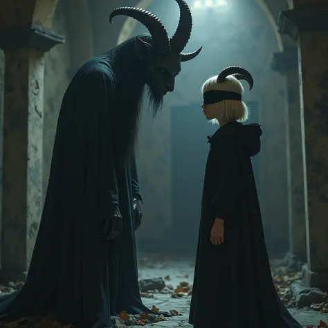 a girl, blonde short hair, wearing black blindfold, black cloak, hooded, has a pair of lamb horn, face to face with a baphomet that wearing the same appearance with the girl and has a body three times bigger than her, shot from beside, in the abandoned chu...