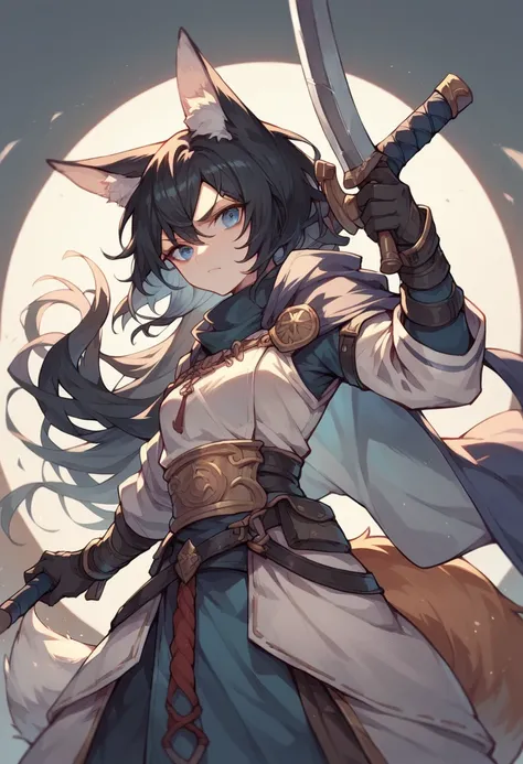 fox girl with white ears and tail, with blue eyes, long black hair,  in guards clothes