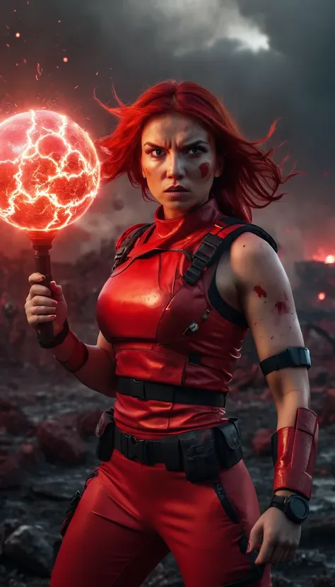 a woman with scarlet red hair wearing a tight-fitting scarlet outfit, angry face, dynamic pose, standing in the midst of a war-torn battlefield, holding a glowing red electric orb in her hand, dark clouds and explosions in the background, dramatic lighting...