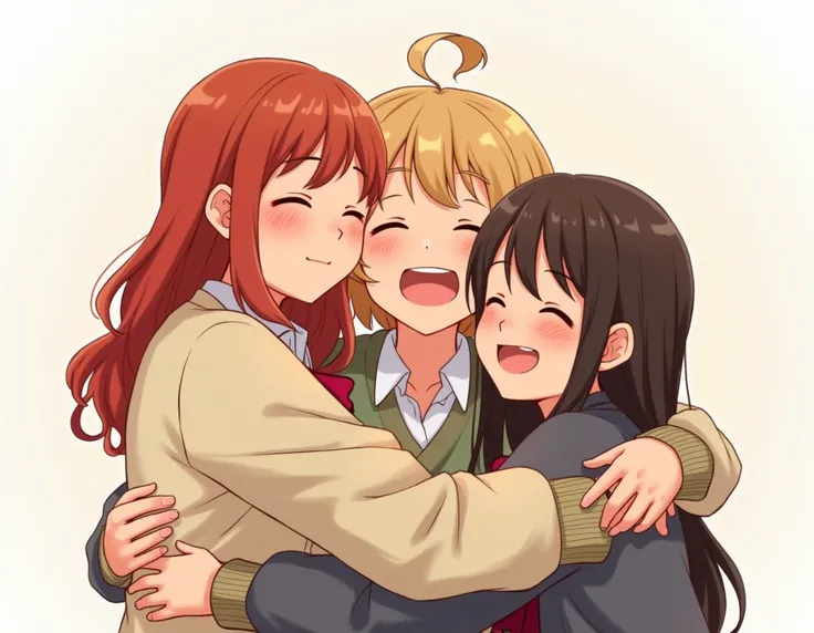 create a png image ,  drawing three friends hugging each other , A redhead,  one with light brown hair and a Japanese one with dark brown hair