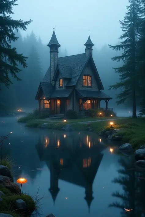 Create an image of a magical and mysterious old two-story cottage with a gabled tiled roof with small turrets , on the lake, where fairies live, sprite and gnomes.  The lake is surrounded by fir trees ,  shrouded in bluish mist , creating a soft atmosphere...