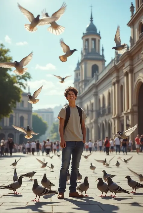 Young man in the Plaza de Bolivar posing with doves