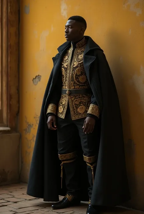  create an image with the iconography and the model of the coup with the Wakanda Emissary  ( a diplomat undercover in a mission )  Where would he be Duke .  He must have Colonial Brazilian style clothes and must be alone in the image. Use an Afrofuturist s...