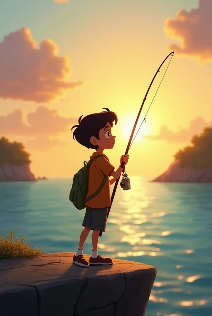 Movie quality， Disney Animation Style，Disney Animated Films , best quality, Ultra-Fine，Embankment,juvenile,Sea fishing,One person,dawn