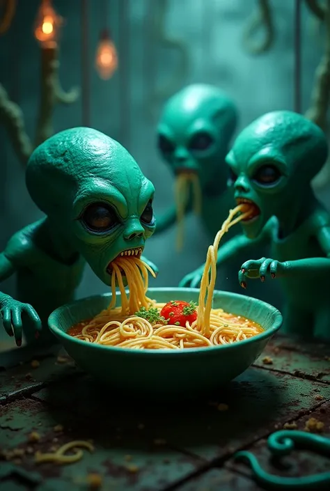 Make the ramen alien green blue
Make aliens eat it  and keep humans captivated in a cage starving