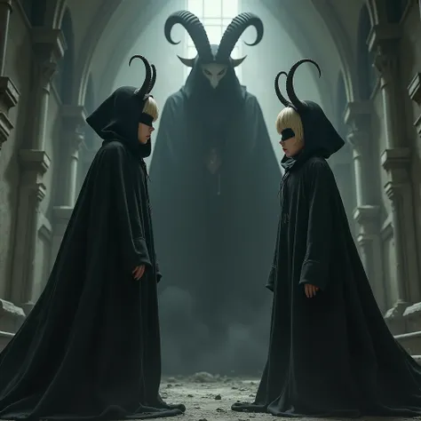 a girl, blonde short hair, wearing black blindfold, black cloak, hooded, has a pair of lamb horn, face to face with a baphomet that wearing the same appearance with the girl and has a body three times bigger than her, shot from beside, in the abandoned chu...