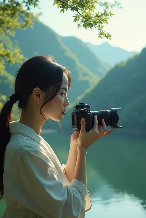 Female cameraman, beautiful scenery, profile face, Japanese