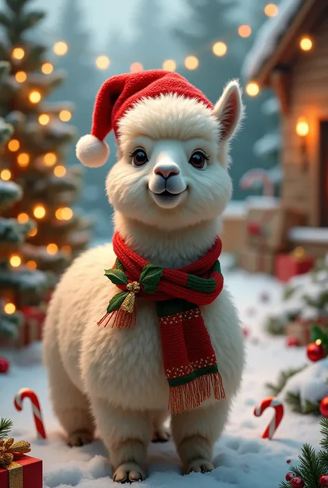 An animal a llama in which she is dressed for Christmas as for a Christmas background 