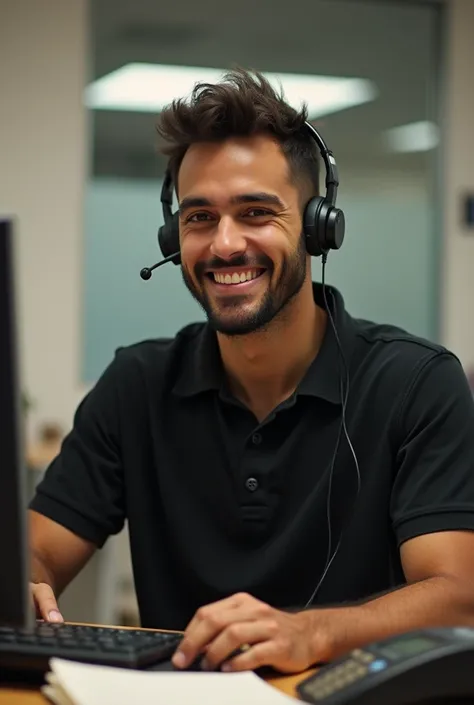 "Highly realistic image of a simple, everyday Brazilian telemarketing attendant, wearing a black polo shirt and a headset. The attendant has an approachable, content expression, exuding warmth and friendliness, with no emphasis on conventional beauty, just...