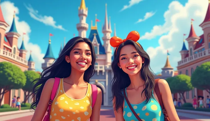 I want to create Ai image brightly for my youtube video. About two  25 years young girl travel to tokyo disneyland in japan .  one girl Srilsnkan.one girl japanese . Infront girl photos.Background biggest picture about disneyland .in this same image typing...