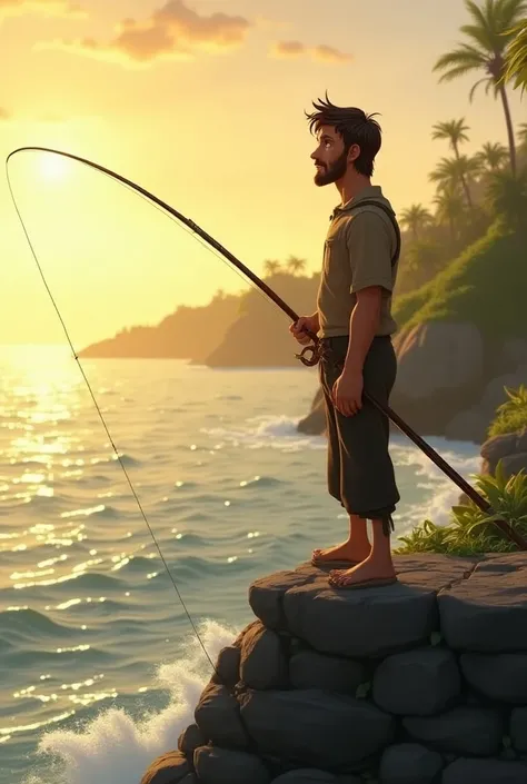 Movie quality， Disney Animation Style，Disney Animated Films ，Embankment,Sea fishing,male,One person,dawn