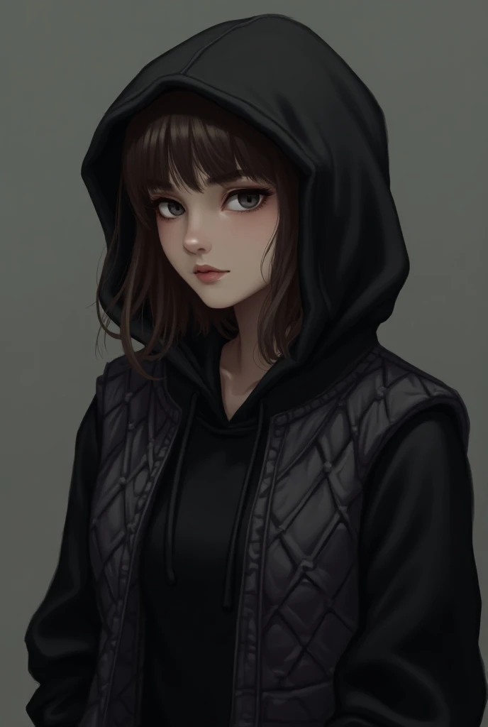 The girl in the black hoodie ;  hoodie hood is dressed on her head ;  a quilted vest is worn over the hoodie;  the vest is wrapped to the neck .