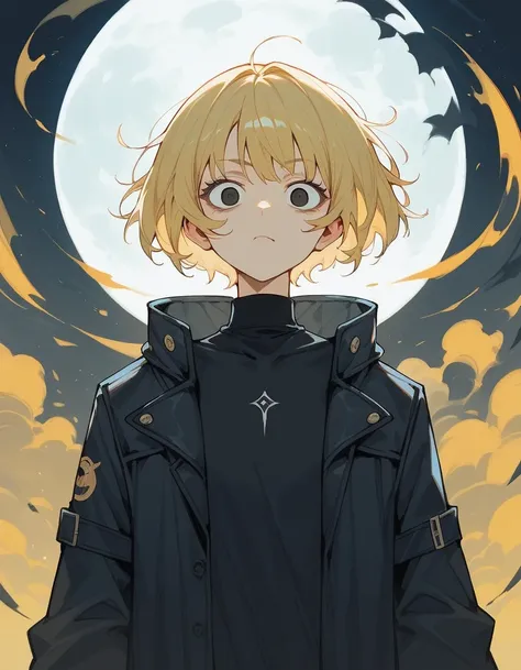  sister model ,Moon god ,, light yellow hair, the tip of the hair, light blue,Short hair, in black eyes, I closed my blind right eye, black coat ,Black undershirt ,Fierce face