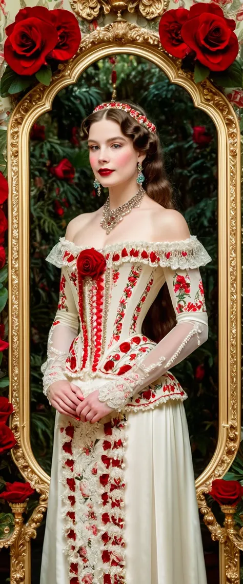 A beautiful lady with porcelain skin and red lips, framed by the opulent ornaments of a Victorian parlor. flowers and chandeliers, Inspired by Pre-Raphaelite art, its shape is ethereal and romantic, with fluid curls and delicate features that evoke the bea...