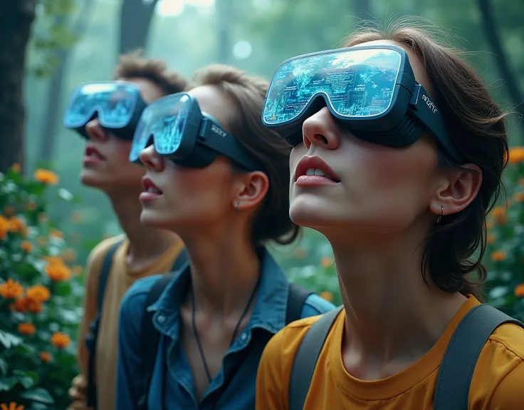 In this piece of art, depict individuals wearing augmented reality glasses that reveal information about the environment around them. The glasses highlight natural beauty, display data about biodiversity, and alert about endangered areas. This representati...