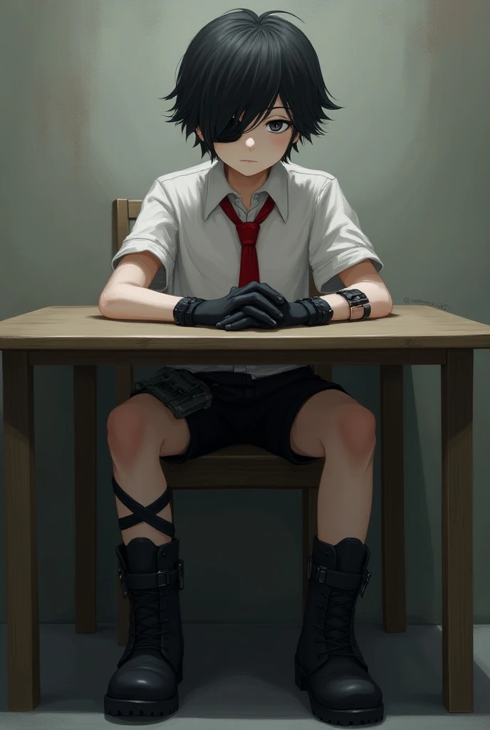  pale boy . Shaggy black hair .
  black eyes.There is a black bandage on the left eye.  Wearing a short-sleeved white shirt with a red tie on the collar.  The left eye is covered by a black bandage .  Black gloves on his palms ,  black short shorts. Pistol...