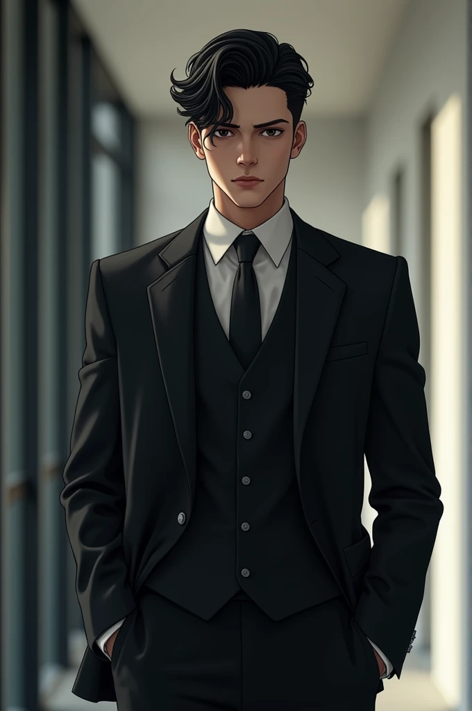 strong boy, Serious,  black hair , Tall and in a suit 