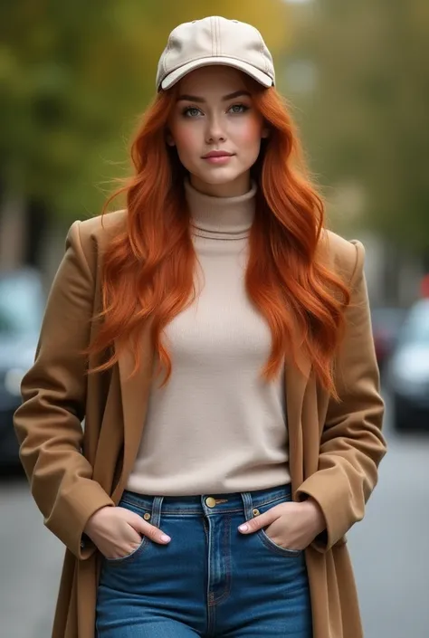 Girl with green eyes, with a beige baseball cap on her head, very long red hair, white skin, big smile, full body, calm look, hairstyle, makeup, looking at the camera, curvy body, gym body, frontal stand, neckline that highlights the hands, with hands on t...