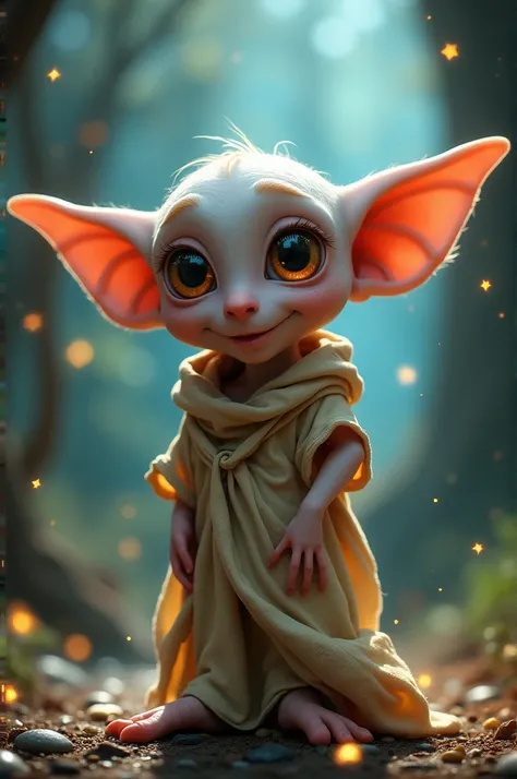 A whimsical Dobby the house-elf, playful pose, large expressive eyes, wearing a tattered pillowcase, magical atmosphere, vibrant colors, enchanting background with floating stars and soft light --ar 1:1 --s 100 --no text