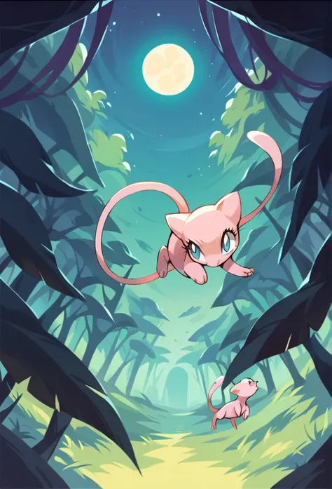 score_9, score_8_above, score_7_above, pokemon, mew, beautiful, night forest background, Flying look for the moon
