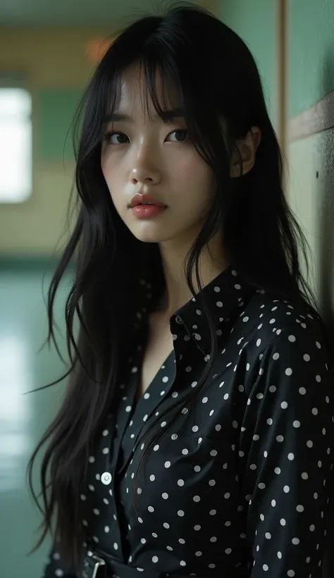 korean girl long hair long polka dot black shirt dress silk satin dress and polka dot black silk satin pants big breast beautiful face girl prison prisoner girl wet clothes