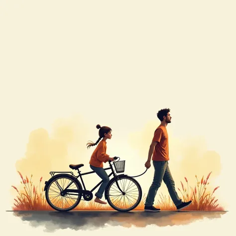 Side View， dad pushes a bicycle and walks down the road， A  sitting on the front bar ，Silhouette style ，Fatherly love theme ，watercolor background 。