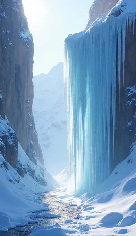 An image of tall icicles hanging from a snowy cliff, catching the morning light and casting rainbow reflections on untouched snow below. Make the scene glow with a soft winter blue and silver palette.
