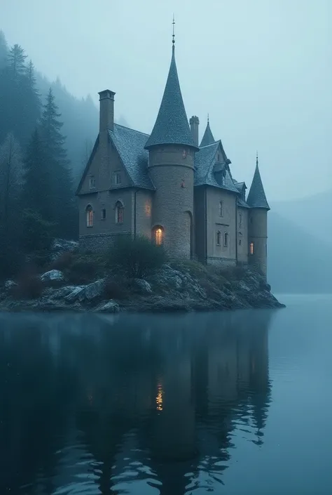  Create an image of a magical and mysterious ancient stone castle with a gabled tiled roof with small turrets ,  stands on a lake , on the water , where fairies live, sprite and gnomes.  The light in the small windows is reflected in the cold water. The la...