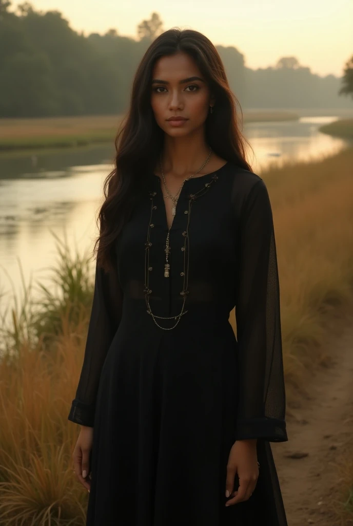 A 18-year-old  indian model preatty, beautiful girl shes height 4.5 fitt with black hair, wearing a black kurta, standing amidst a field of river, soft light illuminating the scene, detailed textures on her outfit, ultra-realistic, 4k