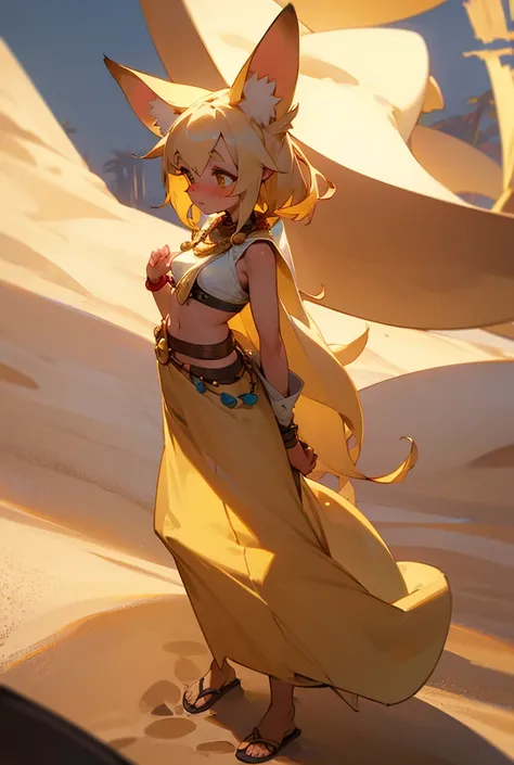 an adult fennec girl with big ears and a sand-colored tail,  with long curly sand-colored hair , with freckles all over her body ,  in traditional Indian clothes , curvy 