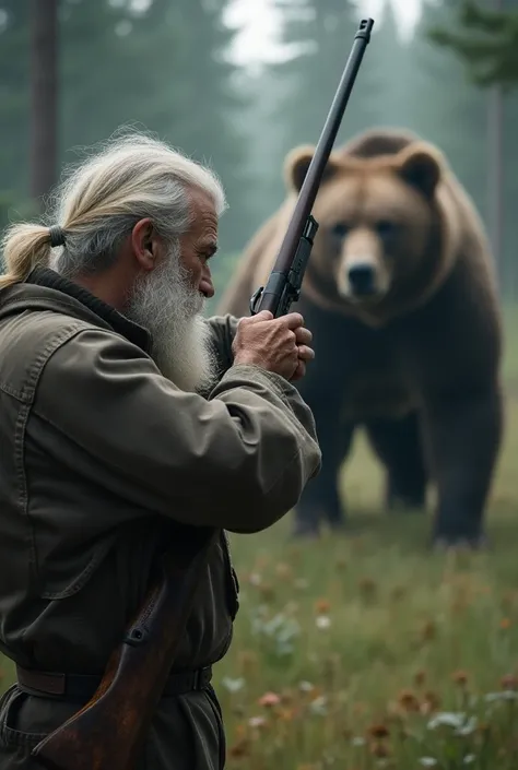 An old man with white hair and beard in plain clothes was shooting a bear from afar with a long barrel in the forest