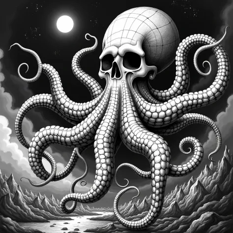  Can you make an image of a giant octopus with a mushroom hat , estilo infected mushroom ,  with the face of a skull and tentacles shaped like a grid DNA  , BLACK AND WHITE TATTOO STYLE .  octopus in a diagonal perspective with depth effect  ,  place a fie...