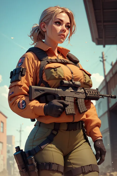 A busty curvy woman wearing tactical gear