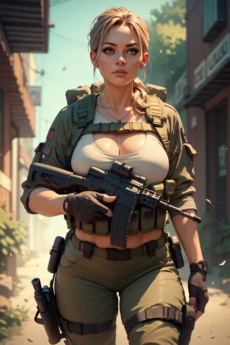 A busty curvy woman wearing tactical gear