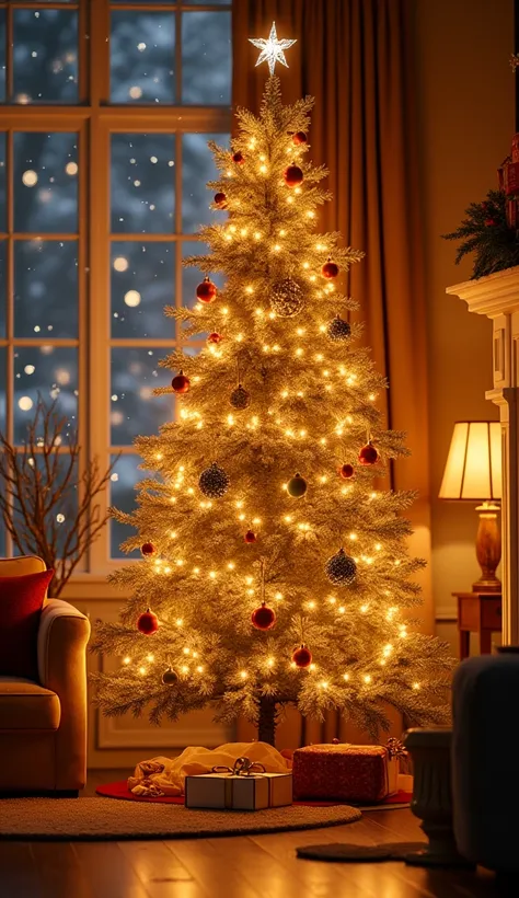 A cozy living room with a beautifully decorated Christmas tree, filled with golden lights, glittering ornaments, and a gentle snowfall visible outside the window. Add a magical golden aura to the lights, giving it a soft, heartwarming glow.
