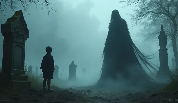 Scene E: A Glimpse of the Aghori in the Distance

Prompt: "In the misty cemetery, the silhouette of a mysterious figure—a tall, dark figure with long hair and strange attire—stands at a distance, half-hidden by fog. He seems to be watching silently, his pr...